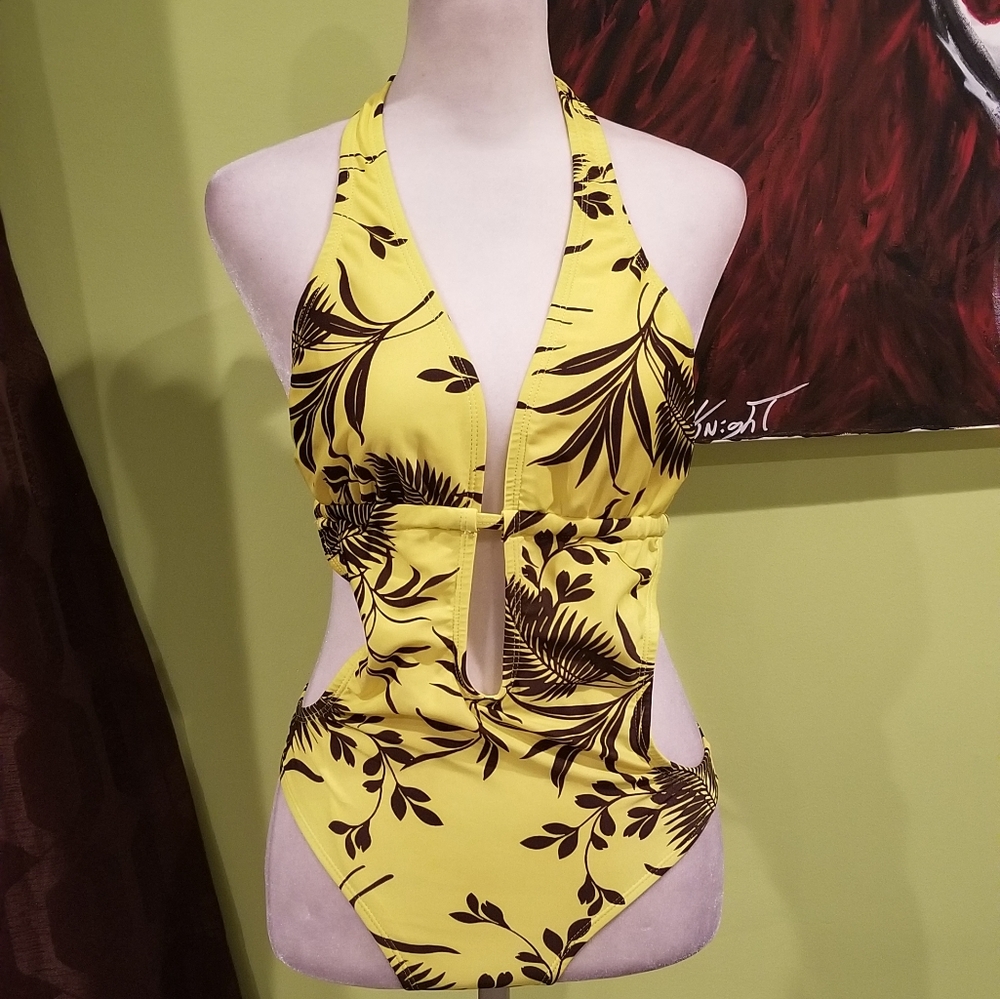NWOT Tropical Palm Leaf One Piece Halter Neck Tie Swimsuit By Only You